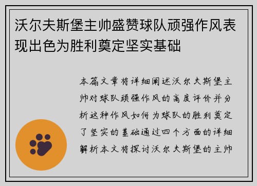 沃尔夫斯堡主帅盛赞球队顽强作风表现出色为胜利奠定坚实基础