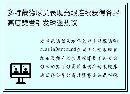 多特蒙德球员表现亮眼连续获得各界高度赞誉引发球迷热议