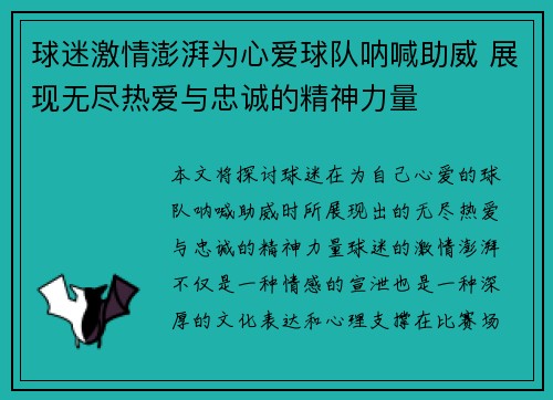 球迷激情澎湃为心爱球队呐喊助威 展现无尽热爱与忠诚的精神力量