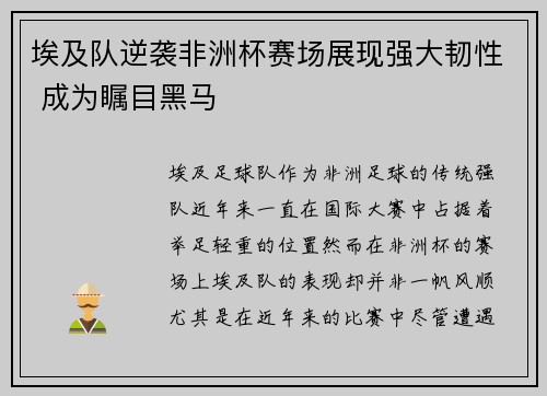 埃及队逆袭非洲杯赛场展现强大韧性 成为瞩目黑马