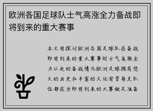欧洲各国足球队士气高涨全力备战即将到来的重大赛事