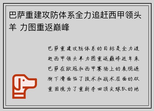 巴萨重建攻防体系全力追赶西甲领头羊 力图重返巅峰