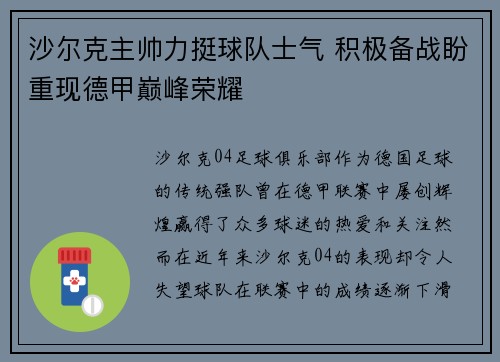 沙尔克主帅力挺球队士气 积极备战盼重现德甲巅峰荣耀