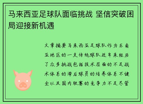 马来西亚足球队面临挑战 坚信突破困局迎接新机遇