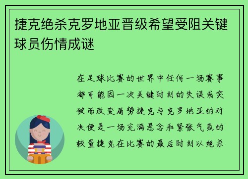 捷克绝杀克罗地亚晋级希望受阻关键球员伤情成谜