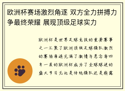 欧洲杯赛场激烈角逐 双方全力拼搏力争最终荣耀 展现顶级足球实力