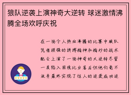 狼队逆袭上演神奇大逆转 球迷激情沸腾全场欢呼庆祝